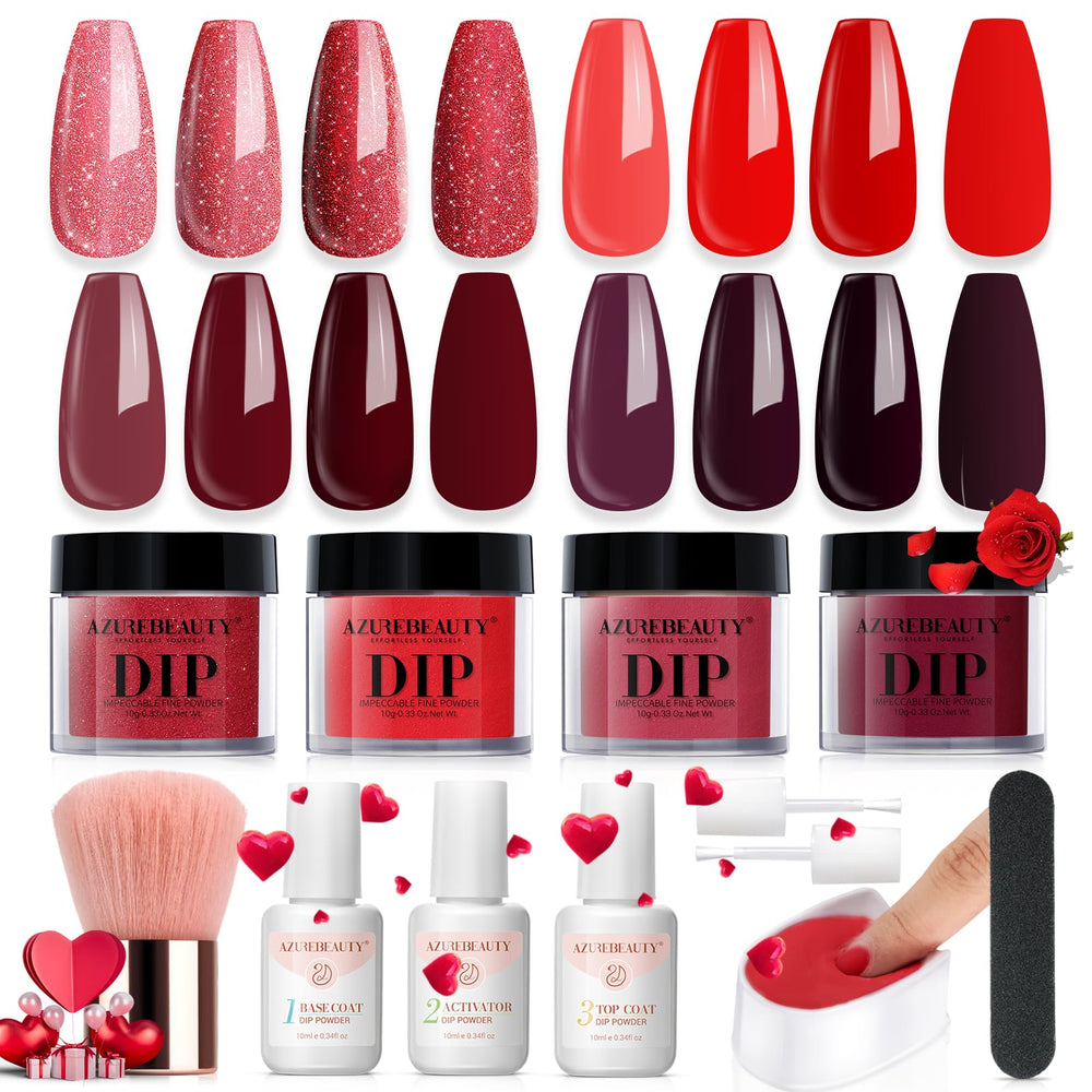AzureBeauty dip powder kit with four red shades for salon-quality nails at home.