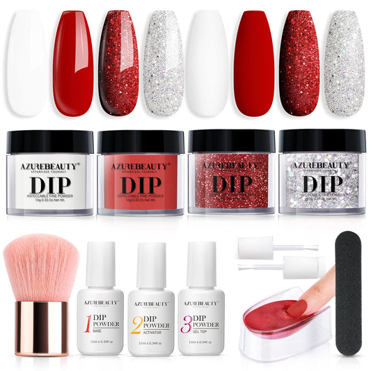 AzureBeauty dip powder kit contents laid out for a complete at-home manicure with no lamp needed.