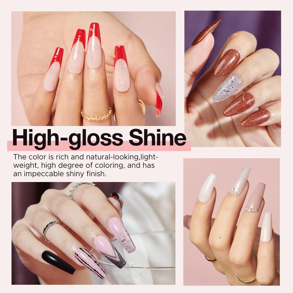 A hand applying glossy dip powder nails without a lamp, beginner friendly.