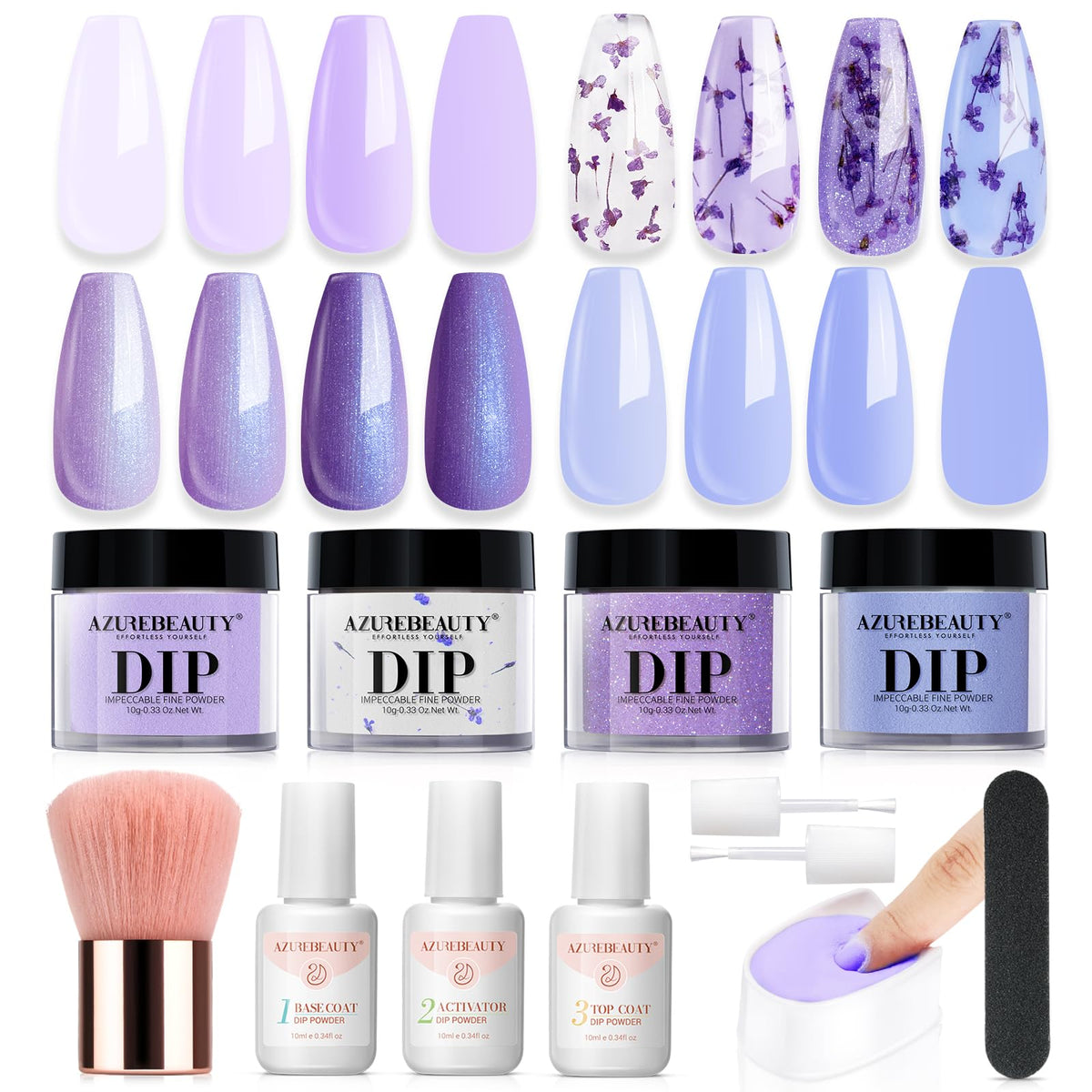 AZUREBEAUTY Purple Twilight Bloom dip kit contents for at-home manicure