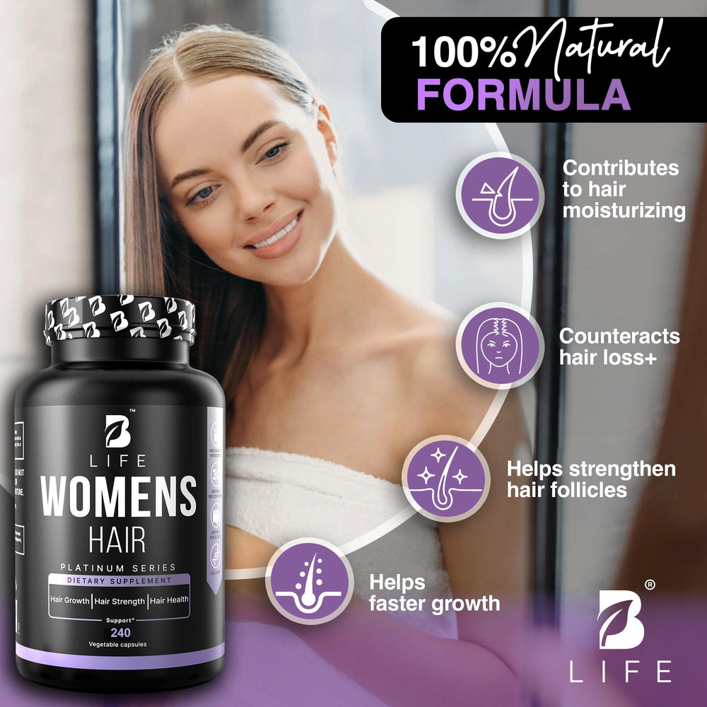 B Life Company hair vitamins bottle stacked shows 60 servings for a month