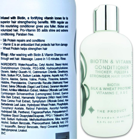B THE PRODUCT Biotin conditioner label closeup highlighting nourishing formula benefits.
