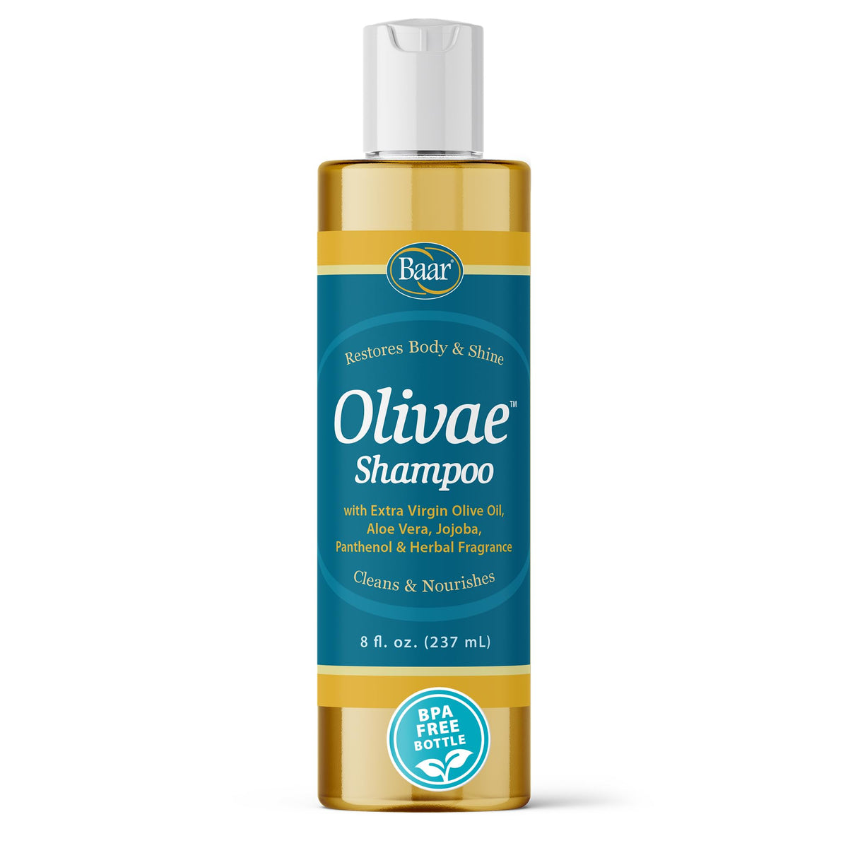 Baar Olivae Shampoo bottle on white background signifies nourishing care for hair