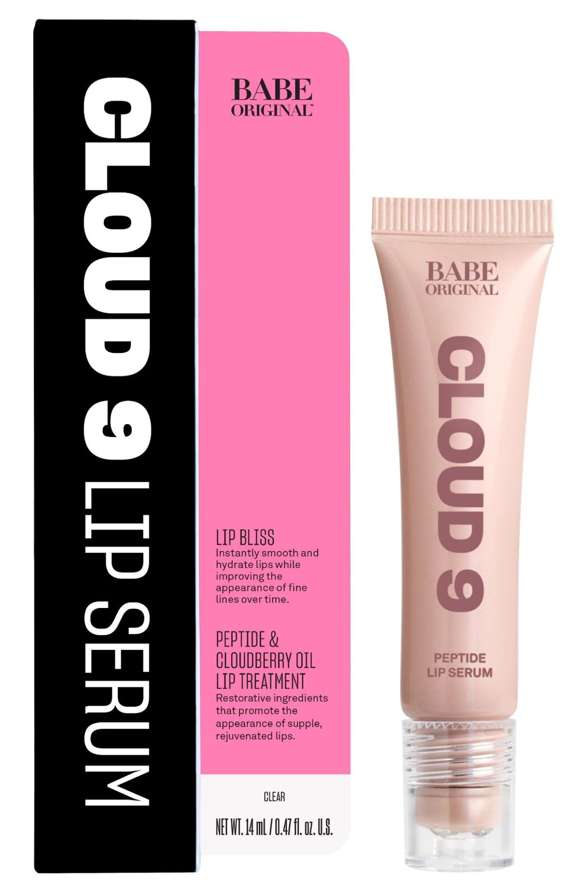 BABE ORIGINAL Cloud 9 Lip Serum bottle showcasing lightweight hydration for daily lips.