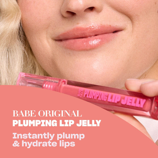 Close-up of BABE ORIGINAL peach lip jelly with high shine.