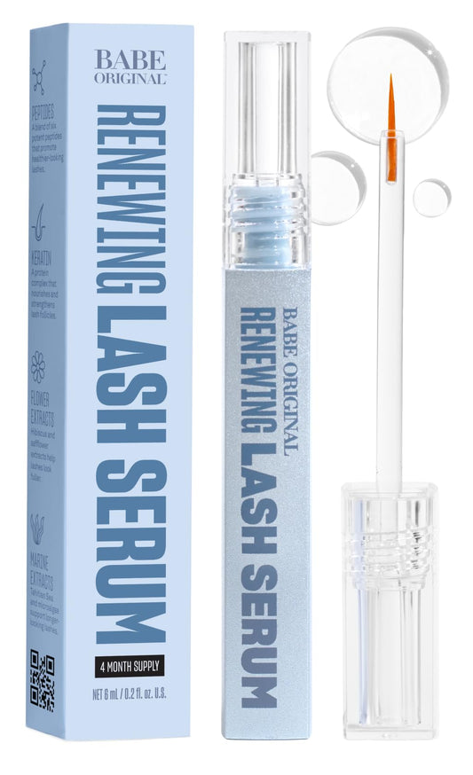 Babe Original Renewing Lash Serum bottle close-up showing nourishing formula for lash health