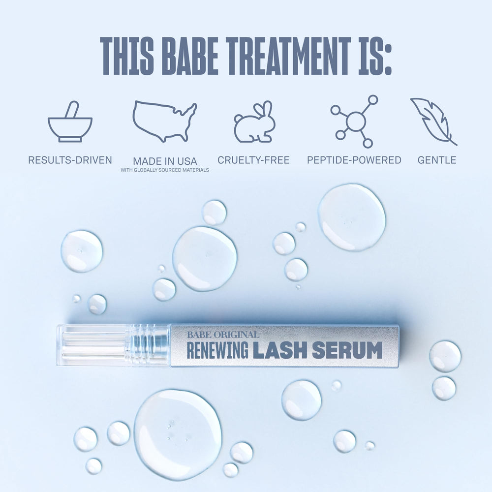 Serum shown with eyelash extensions to illustrate compatibility