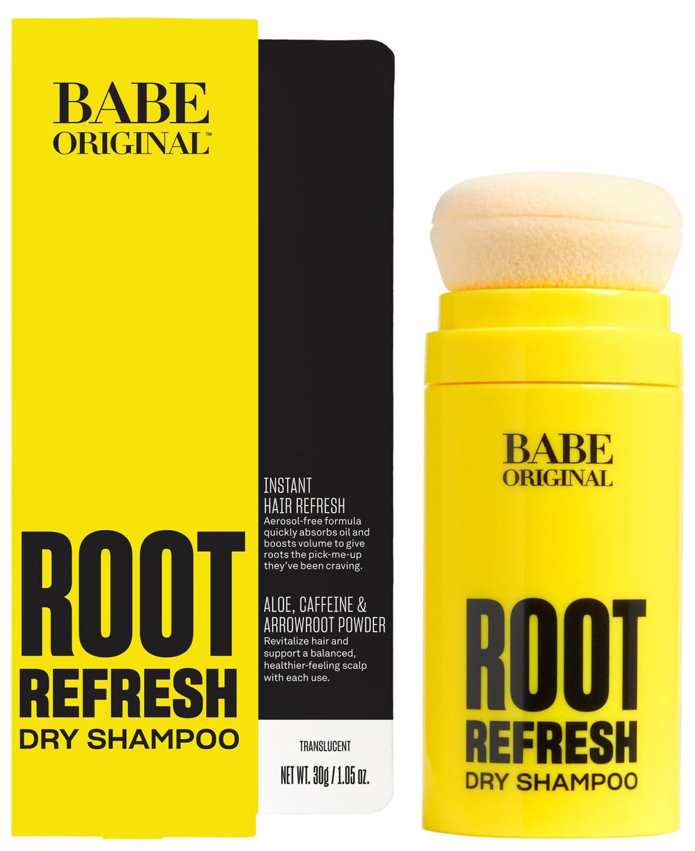 BABE ORIGINAL root refresh dry shampoo powder delivering instant oil absorption and volume.