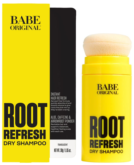 BABE ORIGINAL root refresh dry shampoo powder delivering instant oil absorption and volume.