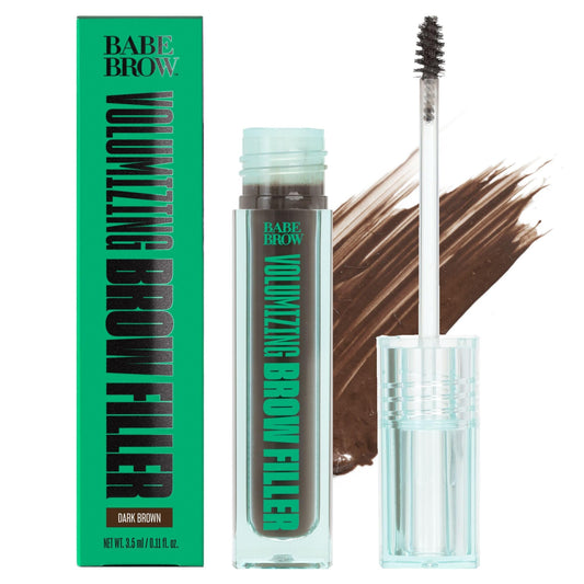 BABE ORIGINAL volumizing brow filler in dark brown with brush application for natural fullness.