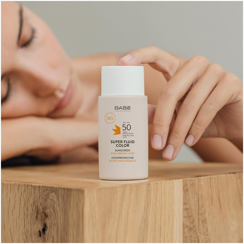 Babe sunscreen with hyaluronic acid hydrates skin during wear.