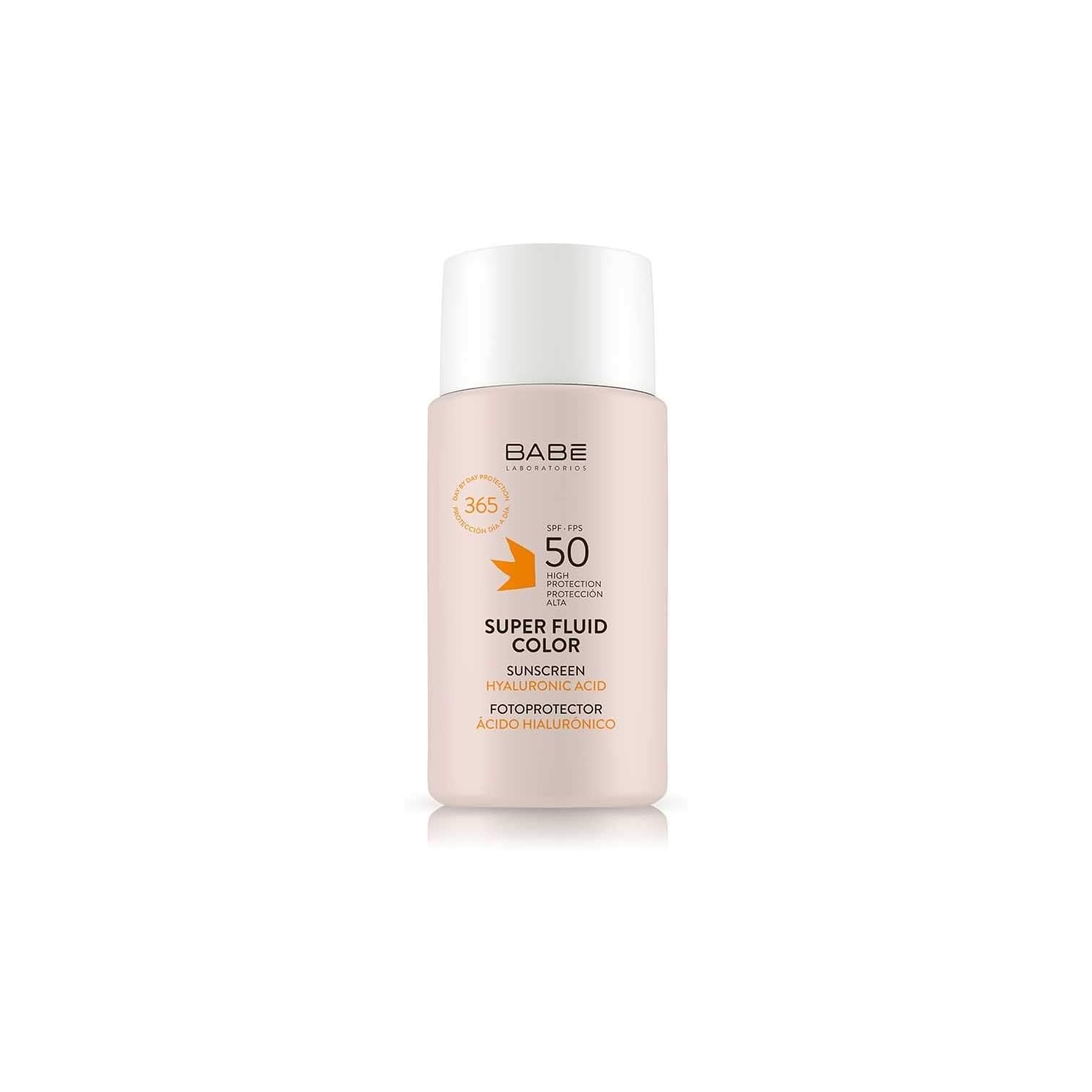 Babe Super Fluid Color Sunscreen SPF 50 bottle with light tinted finish.