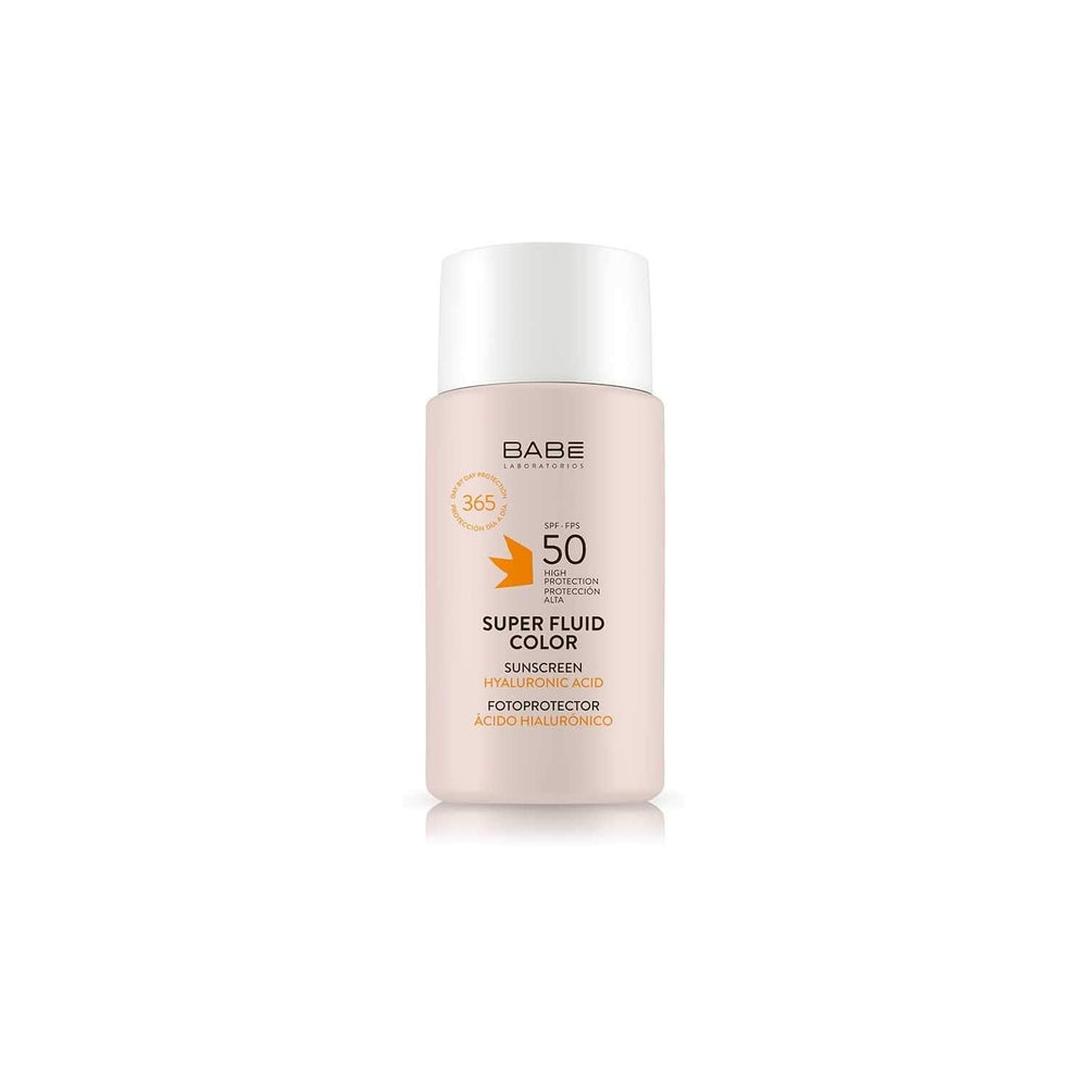 Babe Super Fluid Color Sunscreen SPF 50 bottle with light tinted finish.