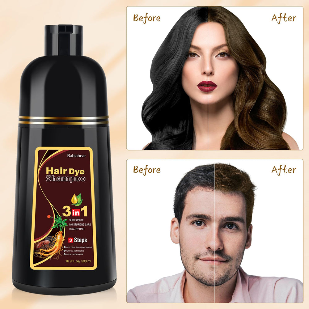 Bablabear brown hair dye shampoo bottle close-up highlighting enriched formula for smoother color deposition.
