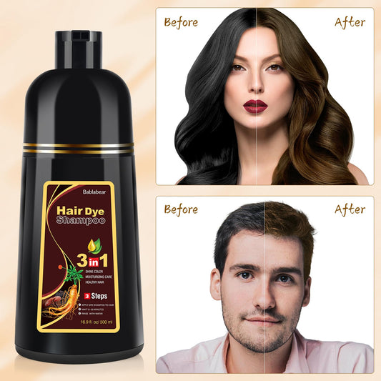 Bablabear brown hair dye shampoo bottle close-up highlighting enriched formula for smoother color deposition.