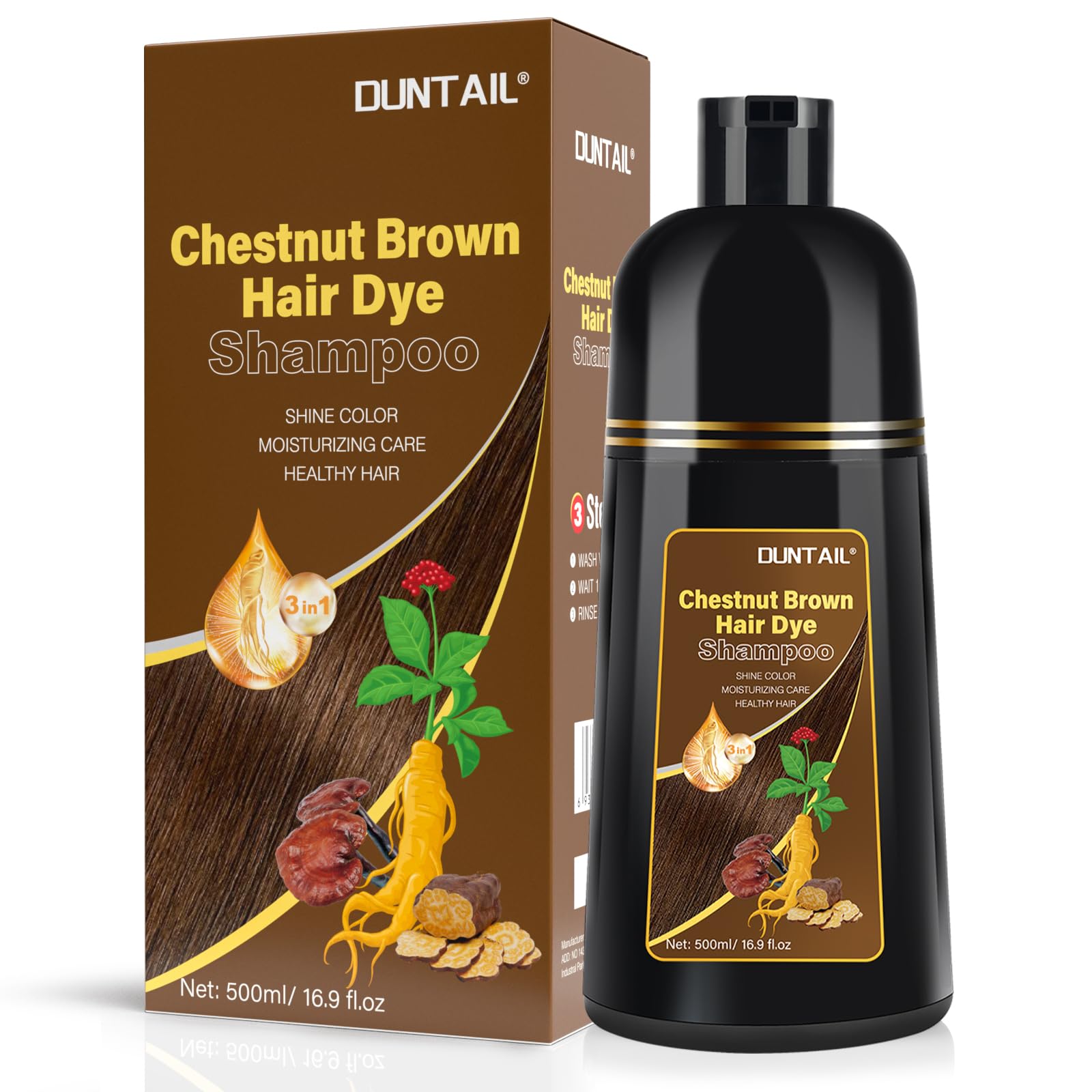 Bablabear DUNTAIL chestnut brown hair dye shampoo bottle shows gray hair coverage.