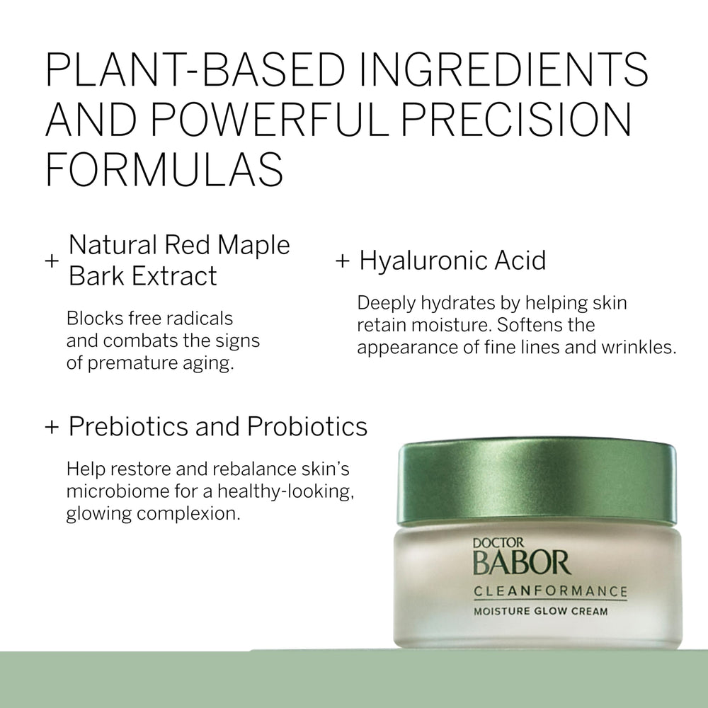 BABOR Cleanformance Moisture Glow Cream dispensing close-up shows luminous texture.