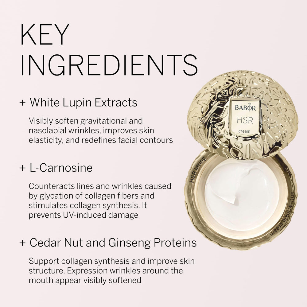 BABOR HSR lifting cream face application, ideal for evening skincare routine and gentle uplift.