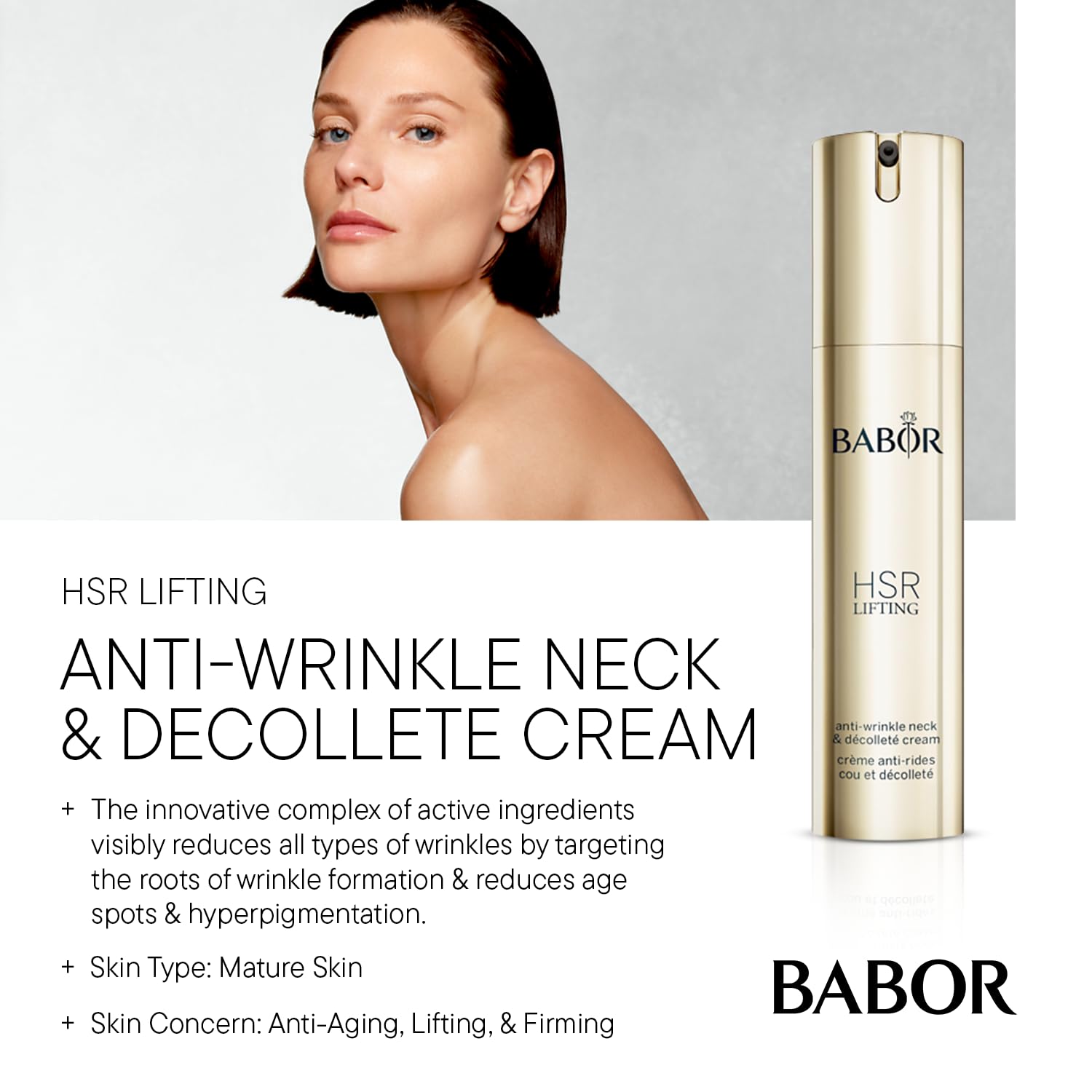 BABOR HSR lifting neck cream jar close-up highlights rich texture for smoothing lines