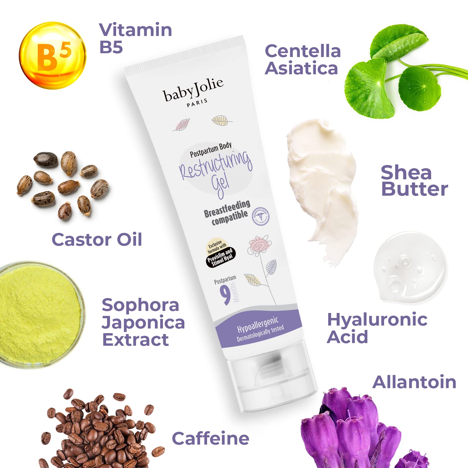 Baby Jolie Paris Firming Gel label close-up, hypoallergenic formula.