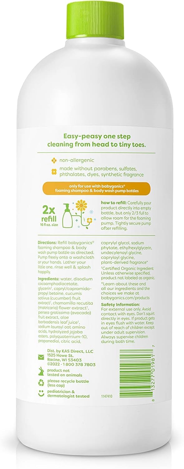 BabyGanics Chamomile Verbena refill bottle front view, convenient refill for bath time.