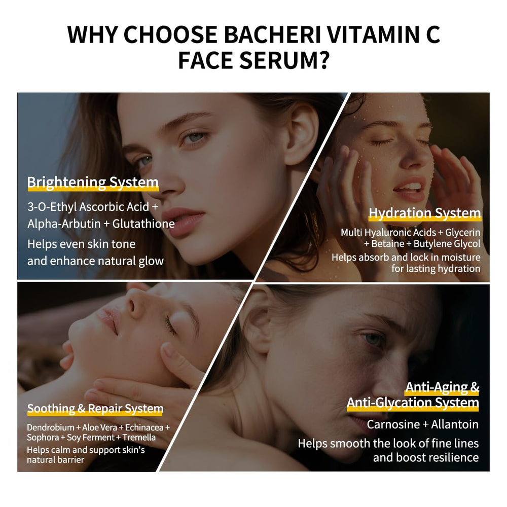 BACHERI Alpha Arbutin brightening hint supports even tone.