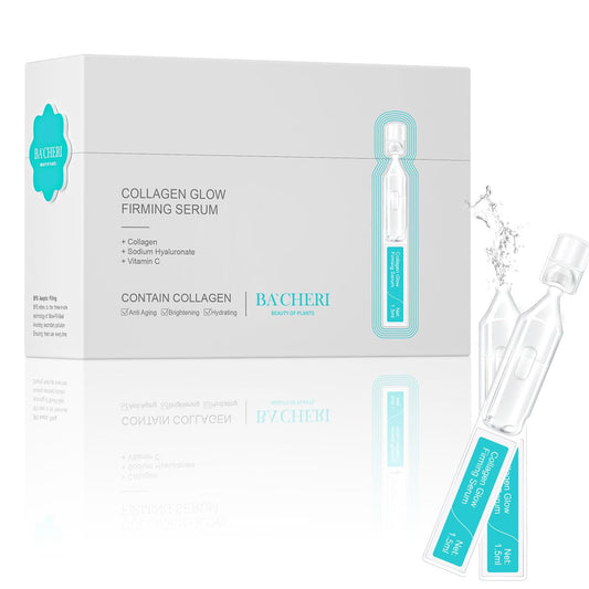 BACHERI Collagen Glow Serum bottle close-up highlighting hydration for plump, radiant skin