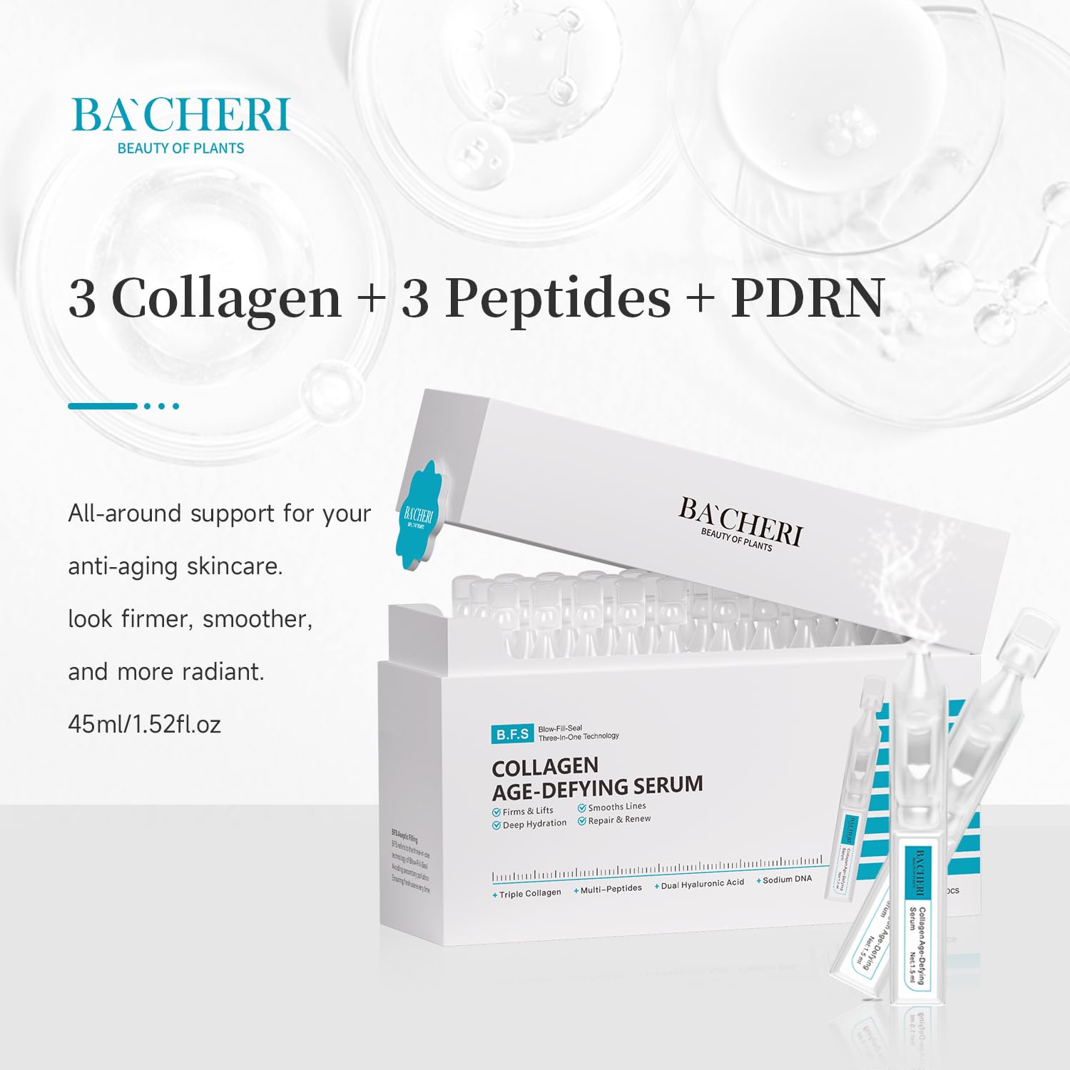 BACHERI peptide ampoule close-up emphasizing texture smoothing.