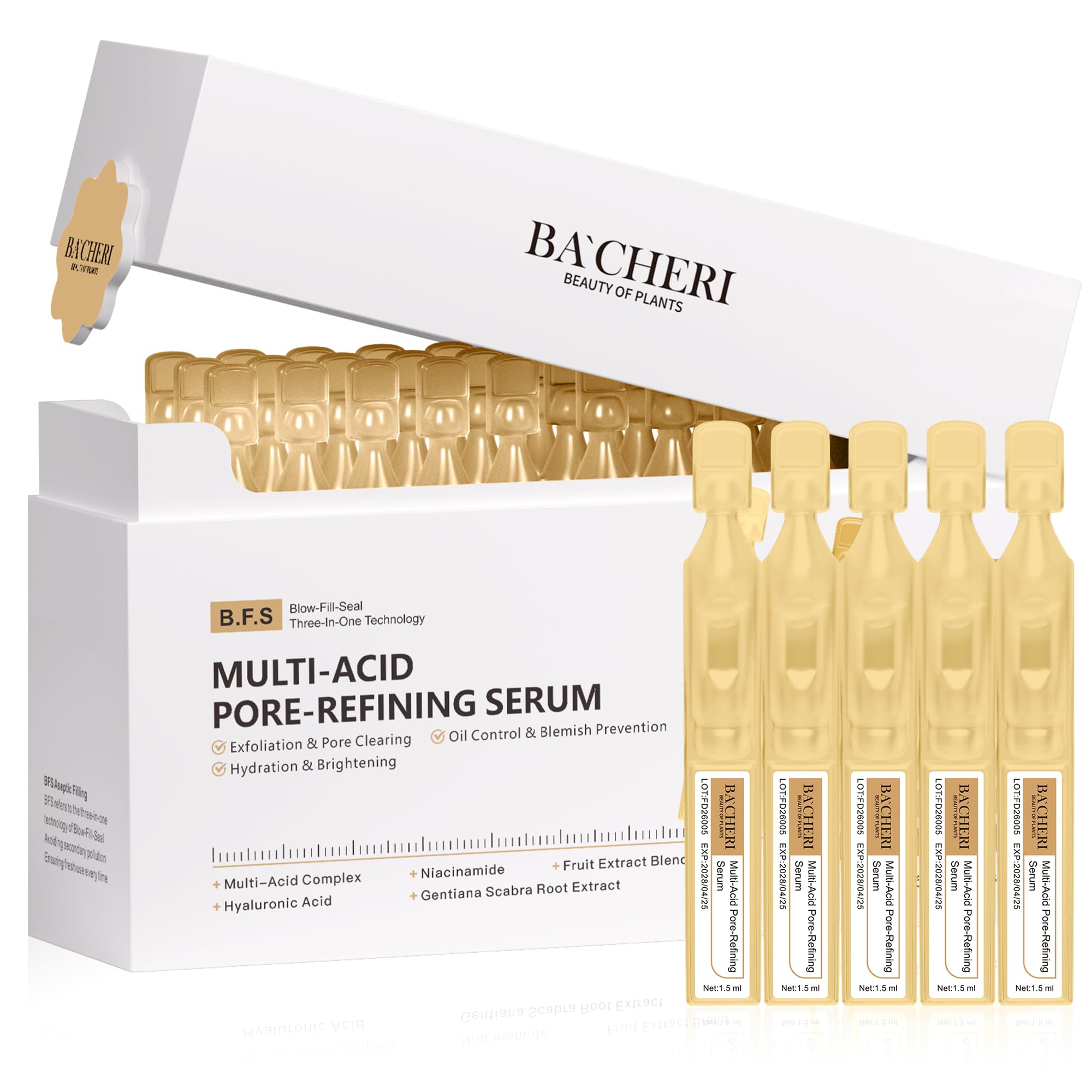 BACHERI Pore Minimizer serum vial close-up showing refined pores and brighter skin