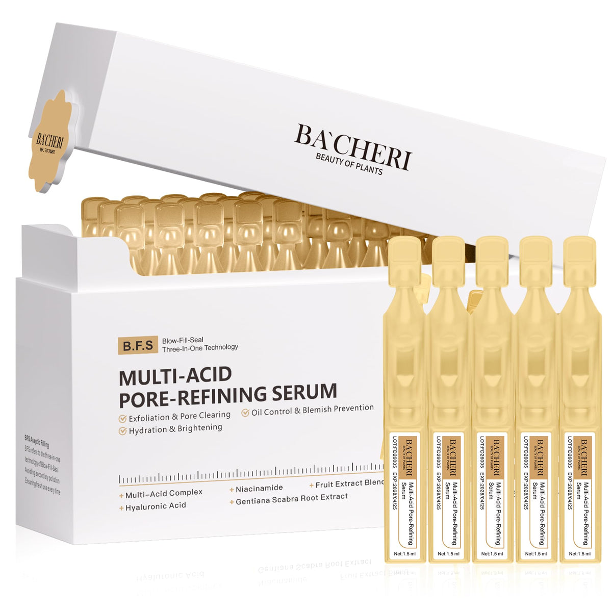 BACHERI Pore Minimizer serum vial close-up showing refined pores and brighter skin