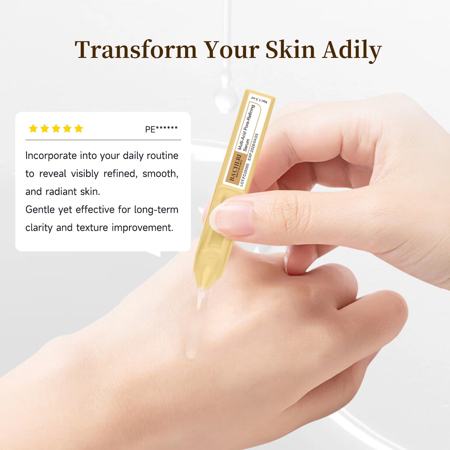 BACHERI Skincare routine step visual with ampoule enhancing texture refinement