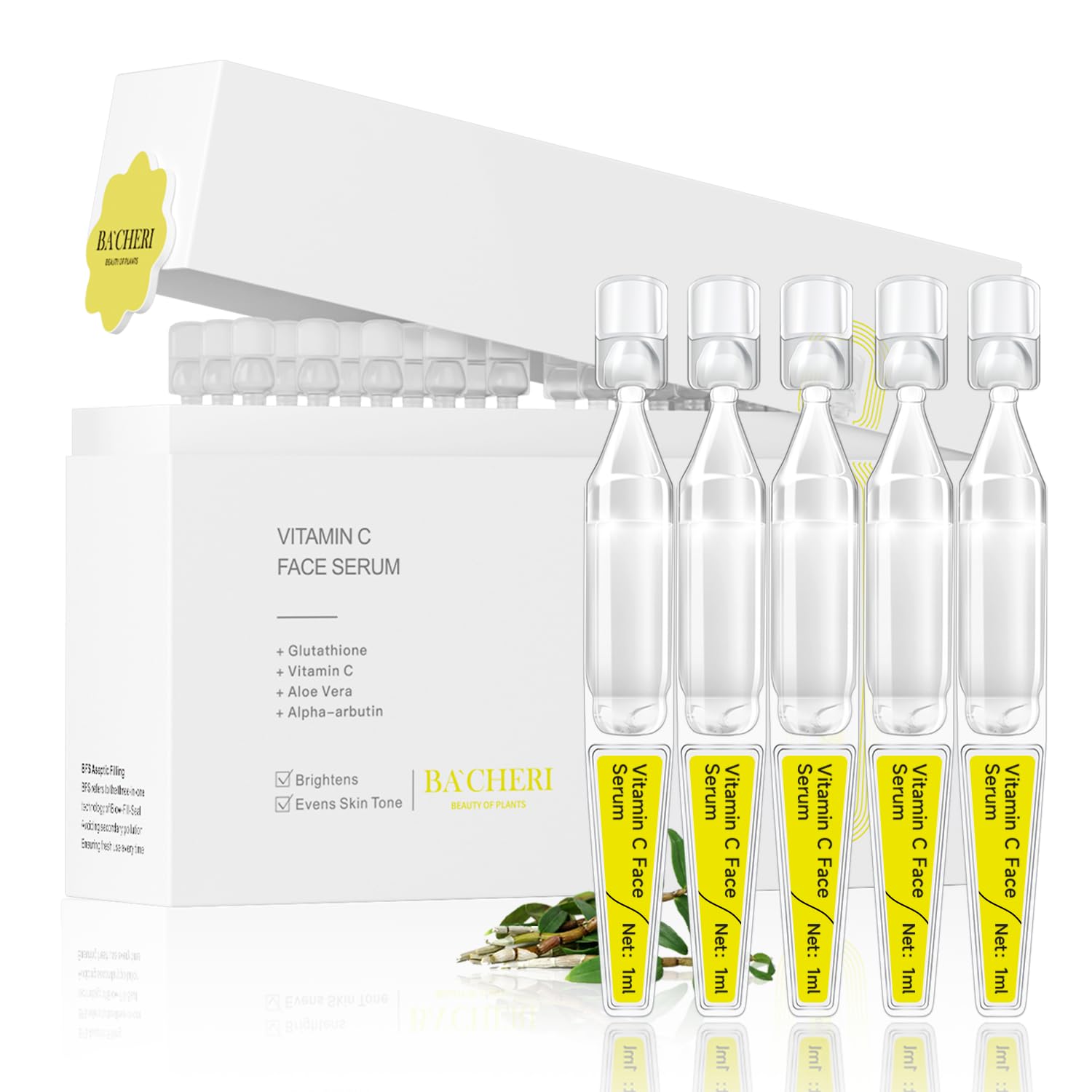 BACHERI Vitamin C serum ampoules packaging highlights travel-friendly design.