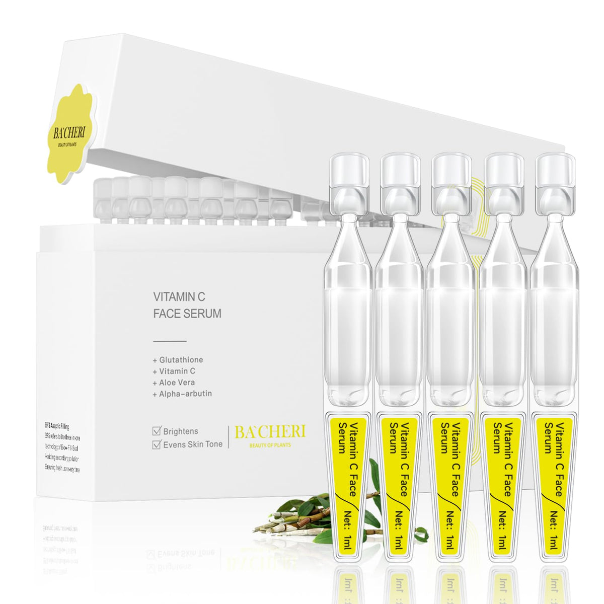 BACHERI Vitamin C serum ampoules packaging highlights travel-friendly design.