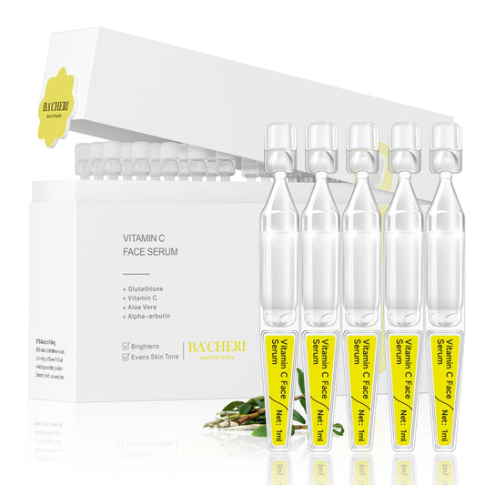 BACHERI Vitamin C serum ampoules packaging highlights travel-friendly design.