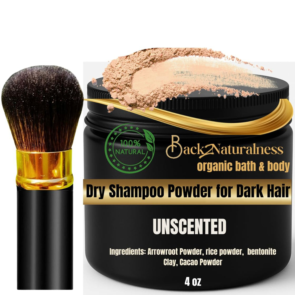 Back2Naturalness brown dry shampoo jar refreshing oil-prone hair.