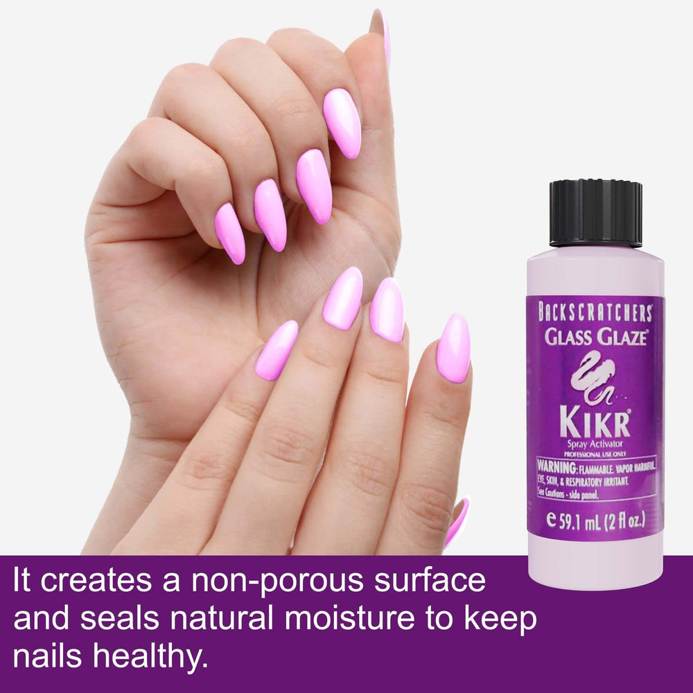 Backscratchers Kikr Activator quick-dry action speeds resin layering for nails.
