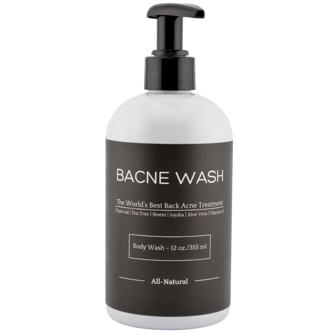 Bacne Bar Bacne Wash bottle pour with activated charcoal for deep pore cleansing.