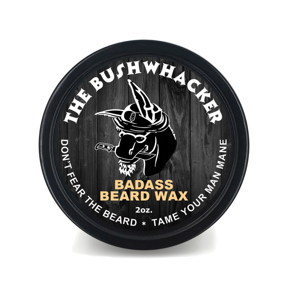 Badass Beard Wax in The Bushwhacker scent showing a dense look and medium hold.