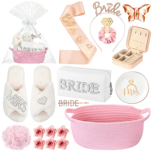 Baderke 17-Pcs Bride to Be Gift Basket with slippers and accessories for bridal showers.