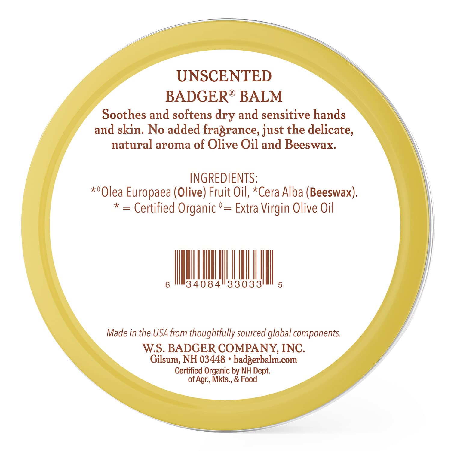 Badger Balm Unscented tin side label displaying ingredients and eco-friendly packaging.