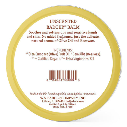 Badger Balm Unscented tin side label displaying ingredients and eco-friendly packaging.