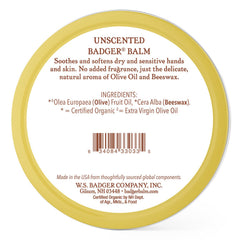Badger Balm Unscented tin side label displaying ingredients and eco-friendly packaging.