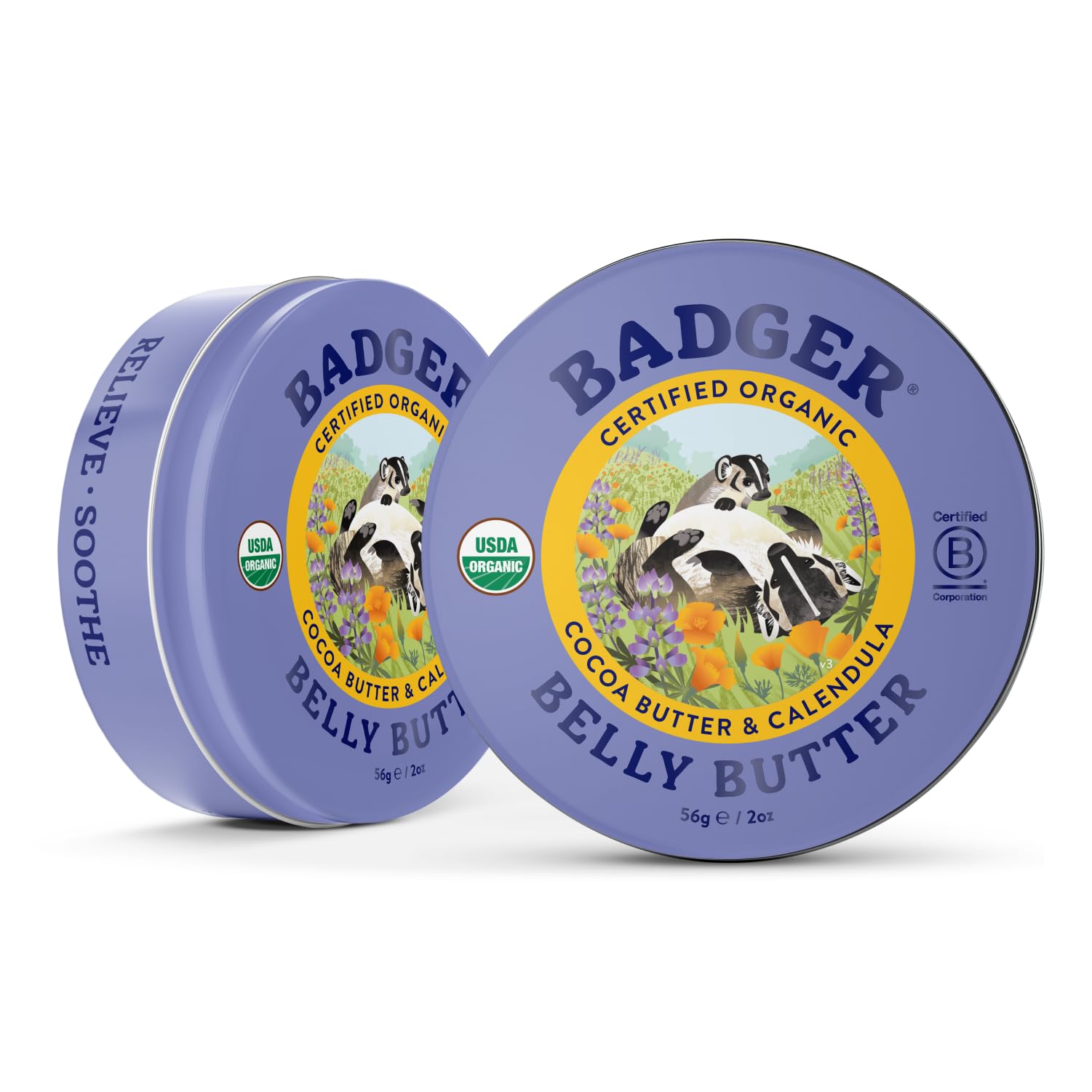 Cocoa butter and coconut oil nourish skin in Badger Belly Butter.