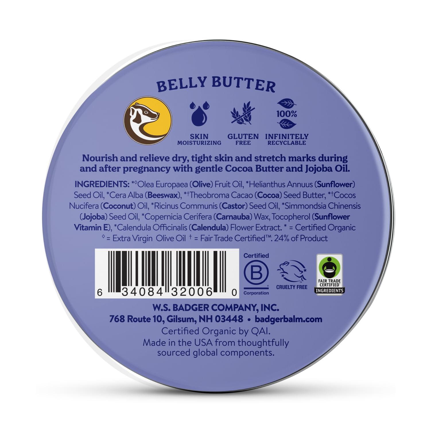 Packaging emphasizing plastic-free, sustainable design for Badger Belly Butter.