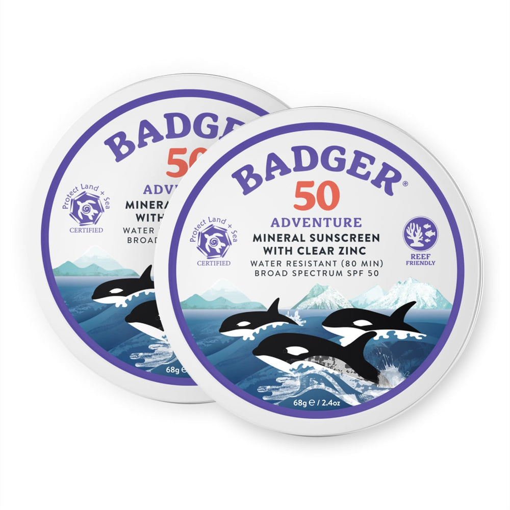 Badger biodegradable reef-safe sunscreen tin with SPF 50 protects skin on outdoor adventures.