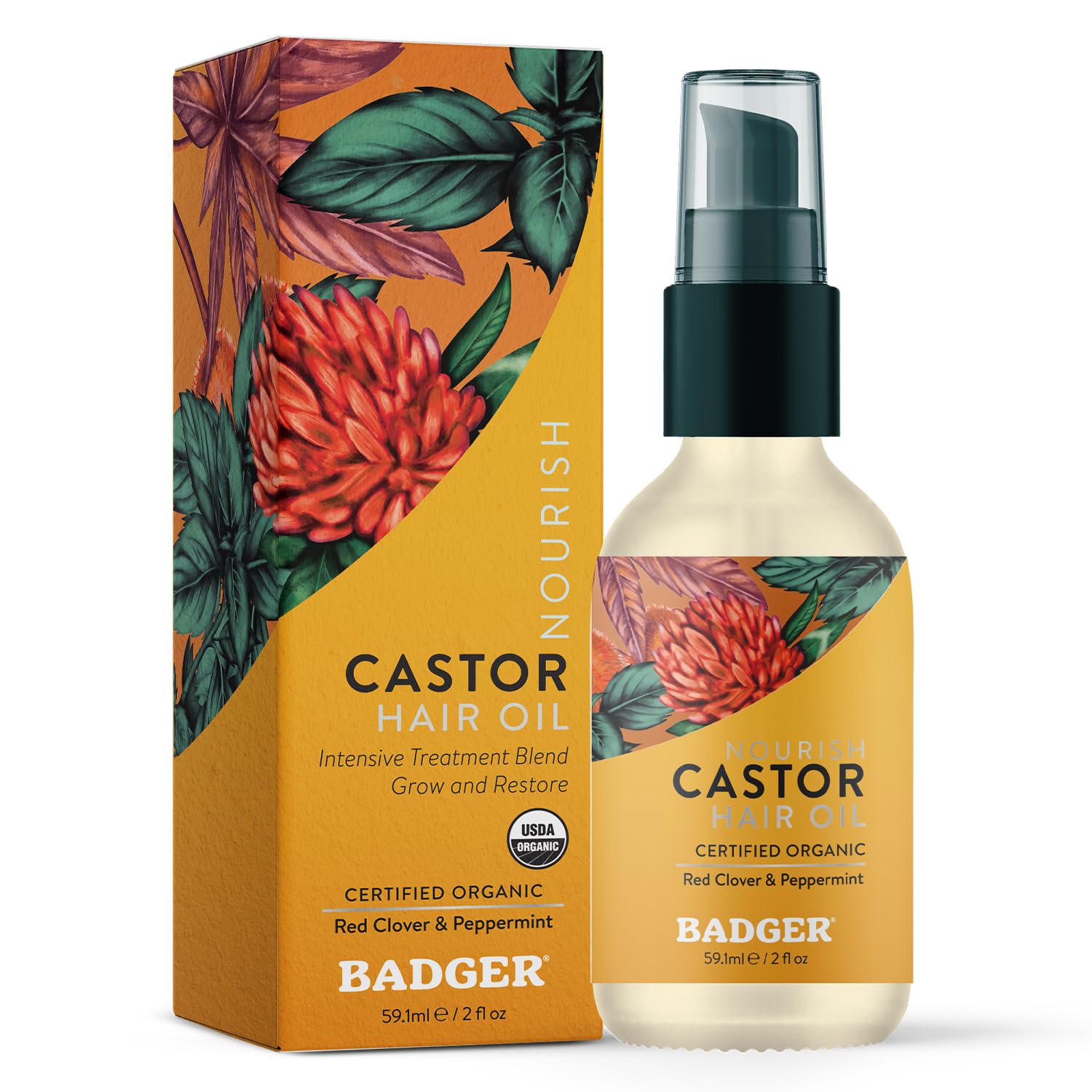 Badger castor hair oil bottle with pump for easy, mess-free use.