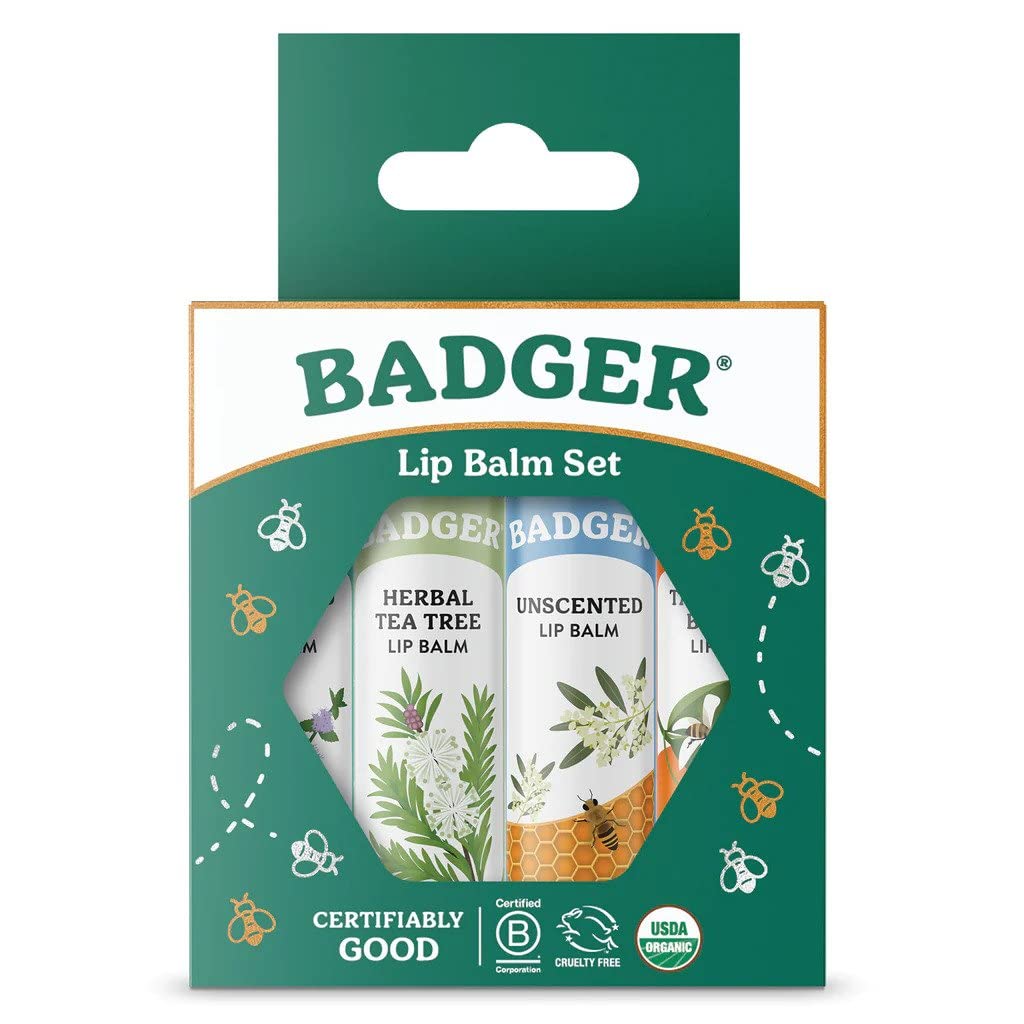 Badger Classic Lip Balm Set in a green gift box offers natural moisture and gift-ready packaging