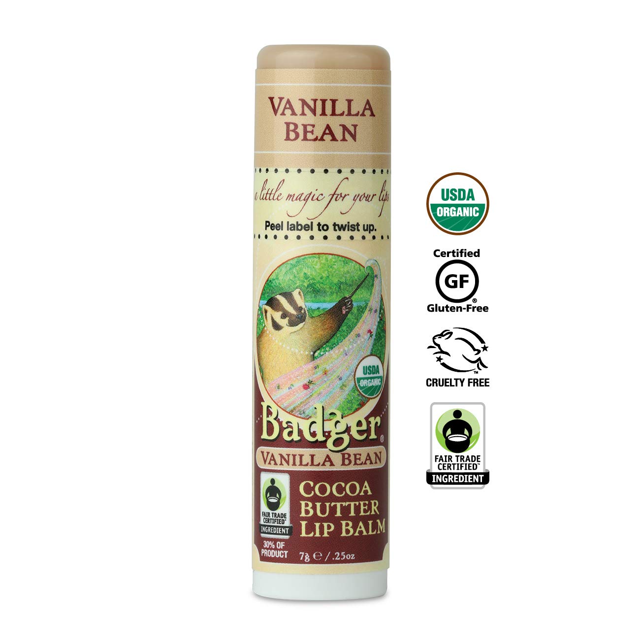 Badger Cocoa Butter Lip Balm ingredients label highlighting organic and fair trade