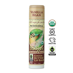 Badger Cocoa Butter Lip Balm ingredients label highlighting organic and fair trade