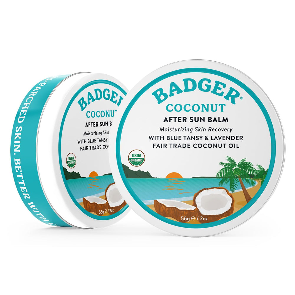 Close-up of Badger Coconut AfterSun Balm ingredients: organic coconut, sunflower, and jojoba oils.